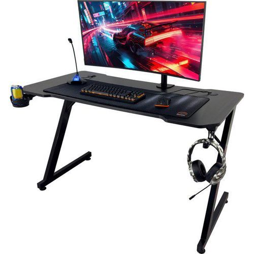 Qware Gaming – Reno – Gaming-Schreibtisch – 120 cm – Spieletisch – Gaming-Tisch – Kabelmanagement – Tischplatte mit Karbonfaser-Finish – Schwarz
