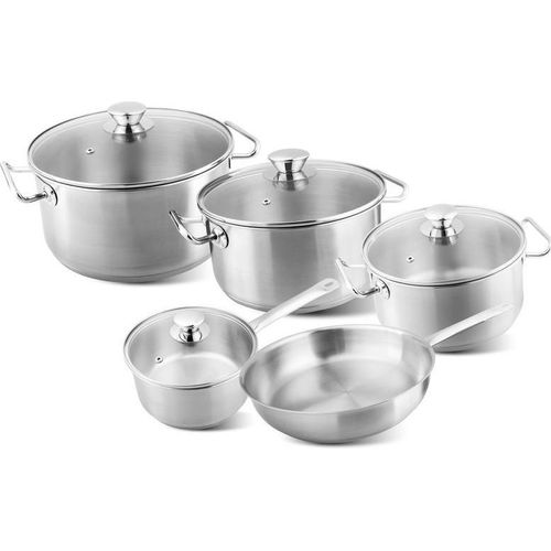 Geschirrset MagicHome Chloe, Pfanne 24 cm, 3x Kochtopf (3l, 4l und 6,6 l), Stielkasserolle 2l, mit Glasdeckel, Edelstahl, 9-teilig