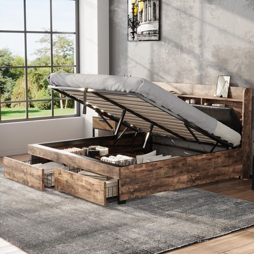 Metallbett, 140 x 200 cm, Hydraulikbett,Jugendbetten, Doppelbett, mit Stauraum-Kopfteil und Metall Lattenrost, Ohne Matratze, Für Erwachsene, Kinder, Jugendliche,Holzfarbe+Schwarz [OLD SKU:319420189]
