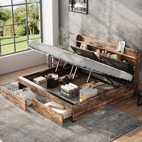 Metallbett, 180 x 200 cm, Hydraulikbett,Jugendbetten, Doppelbett, mit Stauraum-Kopfteil und Metall Lattenrost, Ohne Matratze, Für Erwachsene, Kinder, Jugendliche,Holzfarbe+Schwarz[OLD SKU:31941789AAA]