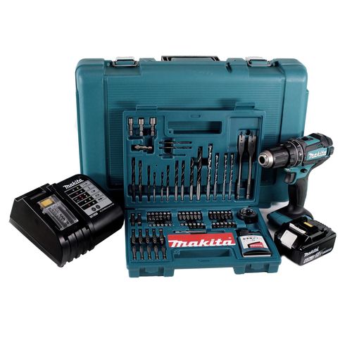 Makita DHP 482 SGK Akku Schlagbohrschrauber 18V 62Nm + 1x Akku 6,0Ah + Ladegerät + 100 tlg. Bit Bohrer Set + Koffer