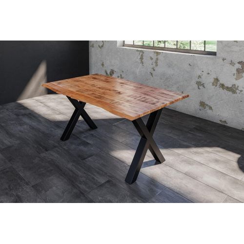 Esstisch Baumkante Massiv Mango naturfarben 140 x 80 schwarz X-Gestell DORA