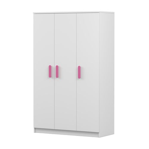 Kinder-Kleiderschrank 120 cm – Weiß/Weiß mit rosa Griffe, Kleiderstange & Einlegeböden JONAS 19