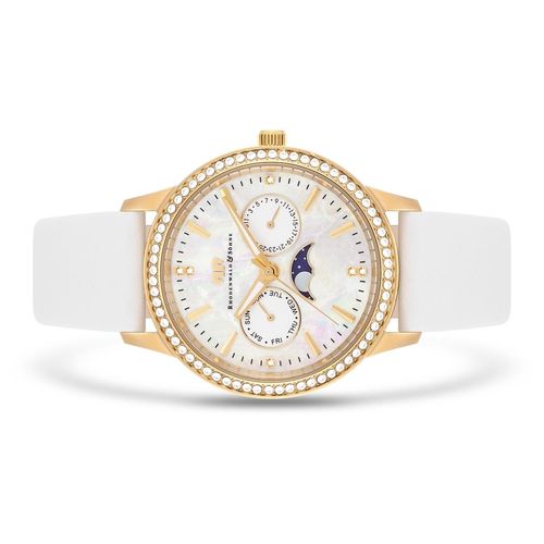 Damen Multifunktionsuhr gelbgold Echtleder weiß