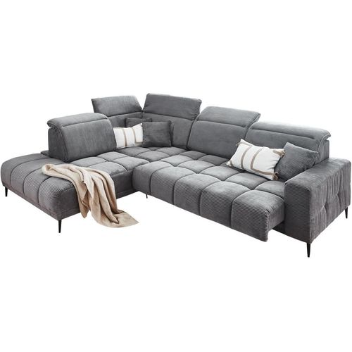 Ecksofa - 317 x 234 cm - Dunkelgrau - Cord - elektr. Sitztiefenverstellung