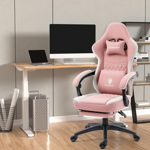 Gaming Stuhl mit Taschenfederkissen, Massage Gaming Sessel mit Fußstütze, Ergonomischer Racing Gamer Stuhl 150 kg belastbarkeit, Rosa