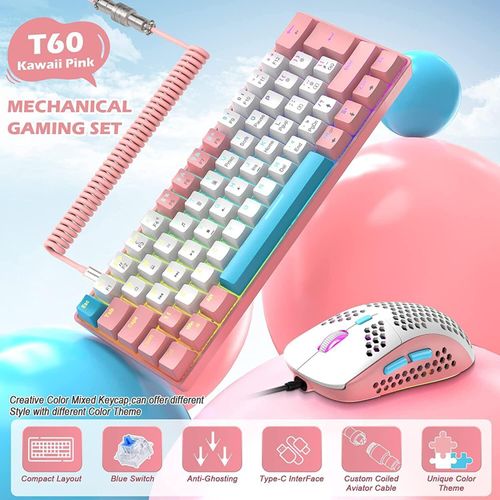 Kabelgebundene Gaming-Tastatur und -Maus-Kombination mit spiralförmigem USB-C-Kabel T60 Pro – Kompakt, 60 % UK-Layout (QWERTY), mechanische Tastatur