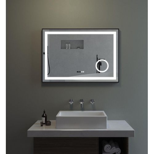 Badezimmerspiegel mit Beleuchtung und Uhr 100x70 cm Beschlagfrei 3-fach Vergrößerung Touch Helligkeit einstellbar
