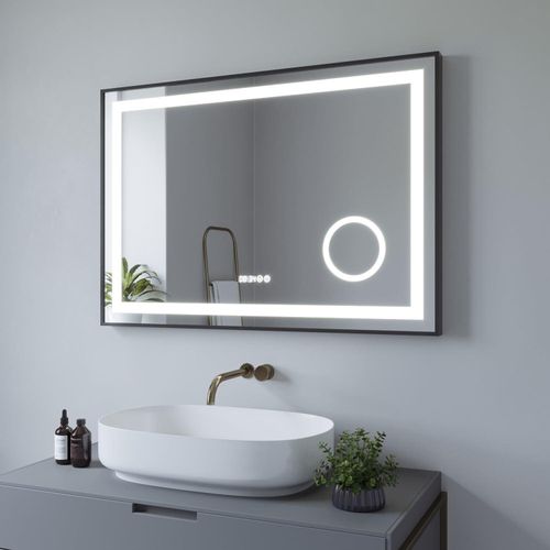 100x70 cm LED Badspiegel mit Beleuchtung Digital Uhr,Touch Dimmbare Kaltweiß, Beschlagfrei Heizung Schminkspiegel 3-Fach Vergrößerung, Badezimmerspiegel Aluminiumrahmen Schwarz matt