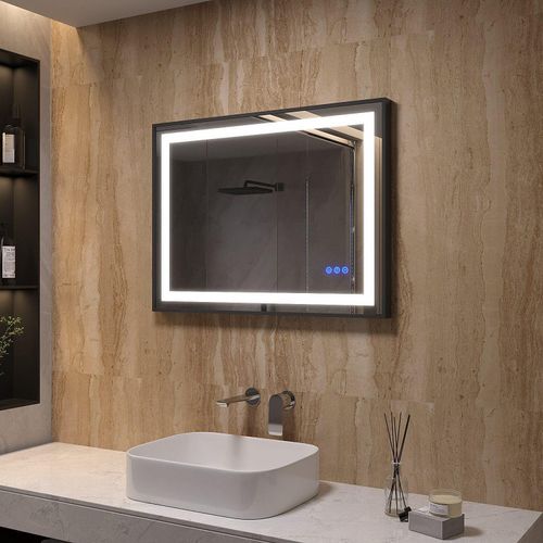 Badezimmerspiegel mit Beleuchtung Lichtspiegel Wandspiegel 80x60cm,Touch Schalter,Kaltweiß 6400K, Neutralweiß 4500K,Warmweiß 3000K, Vertikale/ horizontale Installation
