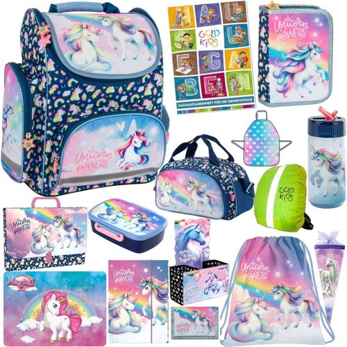 Goldkids - Schulranzen für Jungen und Mädchen, 15er-Set - Schul-Rucksack für Kinder mit Federmäppchen - Schuhbeutel Trinkflasche und Brotdose -Einhorn