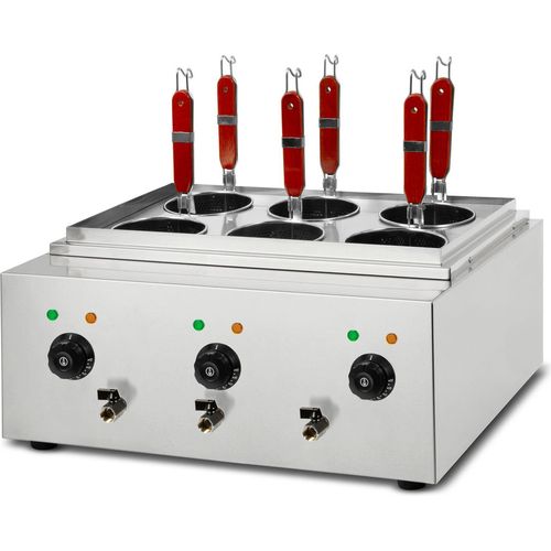VERTES Gastro Nudelkocher Pastakocher Teigwarenkocher aus Edelstahl, Elektrisch, 3x 1700 Watt, 3 separate Kochbecken zu je 6 Liter, 6 Nudel-Körbe