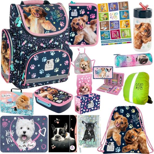 Schulranzen für Jungen und Mädchen, 15er-Set - Schul-Rucksack für Kinder mit Federmäppchen - Schuhbeutel Trinkflasche und Brotdose - Hund Motiv
