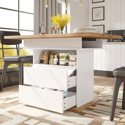 Flieks Esstisch ausziehbarer mit Schrank und Schubladen, Teleskoptisch rechteckig, Küchentisch 110-140x80x75 cm, Holzfarbe und weiß
