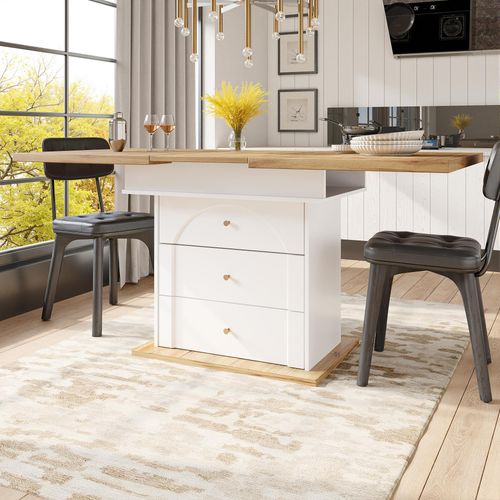 Flieks Esstisch ausziehbarer mit Unterschrank, Teleskoptisch 110-140x80x75 cm, Küchentisch rechteckig, Holzfarbe und weiß