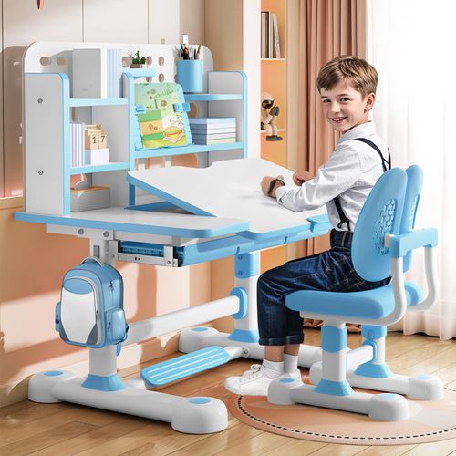 Kinder-Schreibtisch und Stuhl-Set, höhenverstellbares Kinder-Schreibtisch- und Stuhl-Set mit Bücherregal und Schublade, 50-Grad-neigbarer Schreibtisch