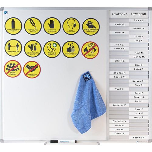 SMIT VISUAL Anwesenheitstafel mit Whiteboard, mit Magnetfolien, Marker, Wischer, HxBxT 769 x 854 x 15 mm