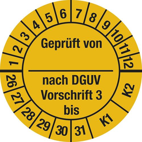 Geprüft von/nach DGUV, Dokumentenfolie, Ø 25 mm, VE 10 Stk, 26 - 31, gelb kaiserkraft