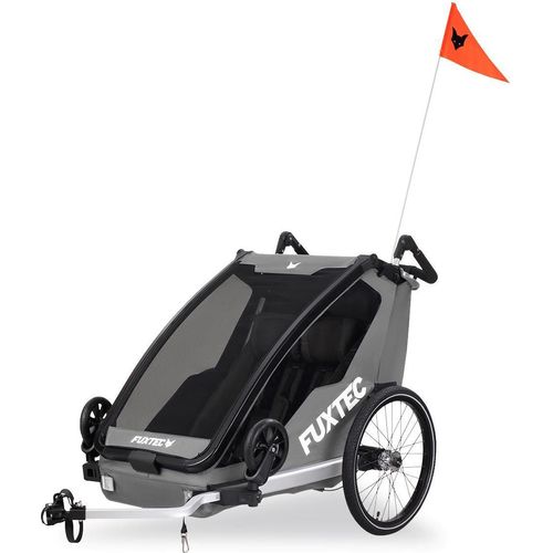 FUXTEC Fahrradanhänger FX-FA1 Sportfux - 2 Sitzplätze | Hecktasche mit Reflektoren | Schiebegriff | Regen- und Sonnenschutz | faltbar | grau Grau