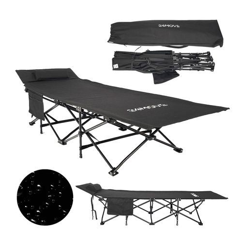 24MOVE® Feldbett Campingbett bis 150 kg In-und Outdoor Camping faltbar mit Seitentasche und Kissen