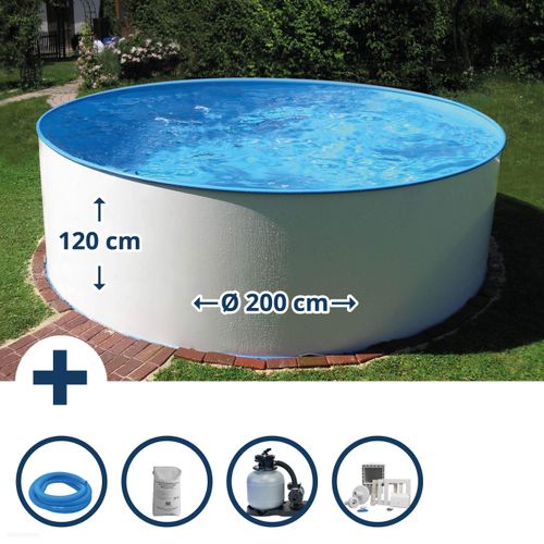 Stahlwandpool Set rund Bologna 200x120 cm, Stahl 0,6 mm weiß, Folie 0,6 mm blau, Einhängebiese