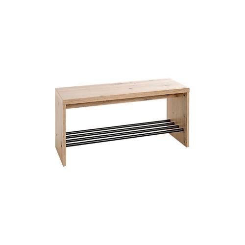 Schuhbank HAKU, für bis zu 3 Paar Schuhe, Gesamttragkraft 85 kg, B 800 x T 300 x H 400 mm, Stahl/Holz, schwarz/helles Eiche-Dekor