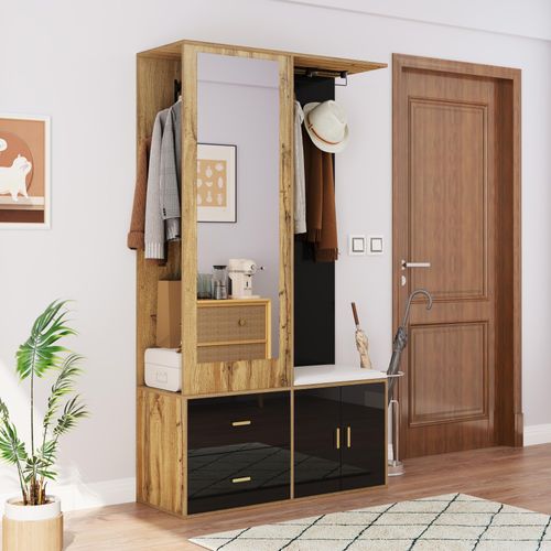 STILVORA Highboard Garderobenset Schuhbank mit Spiegel,Haken und ausziehbarer Kleiderstange,Aufbewahrungsschrank Integrierter Kleiderschrank mit Schuhbank,Schwarz&Holz