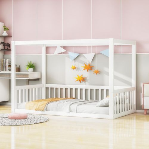 okwish Kinderbett 90x200, Jugendbett aus Massivholz, Himmelbett mit Bettgestell, ohne Matratze,Weiß
