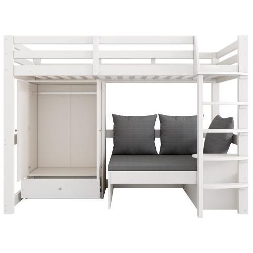 Hochbett 90x200 cm Weiss Ohne Matratze Kinder Multifunktionales Kinderbett Kleiderschrank Sofa Stauraum Drei Kissen Auflagen Ablageboden Massivholz