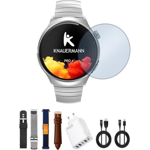 PRO 4 (2026) Smartwatch: Premiumpaket mit 4 Armbändern - Silbernes Edelstahlgehäuse für Stil und Eleganz