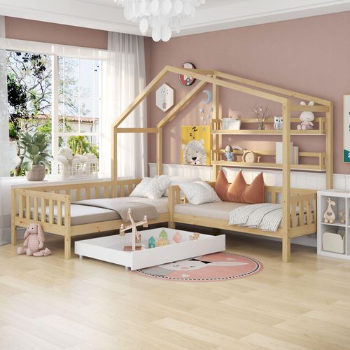 Kinderbett Hausbett mit Schubladen und Regalen, Doppelbett Massivholz mit Rausfallschutz und Lattenrost, L-Struktur, Natur (90x200 cm+140x70cm)