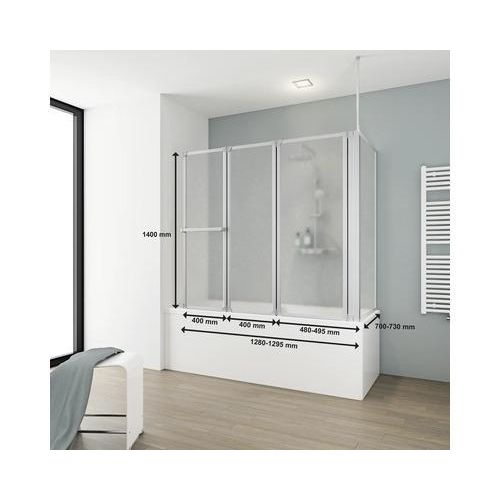 Badewannenaufsatz 3-teilig mit Seitenwand SCHULTE Komfort 128,8 x 140 cm Kunstglas Tropfen Profilfarbe aluminium D1511 01 01 140