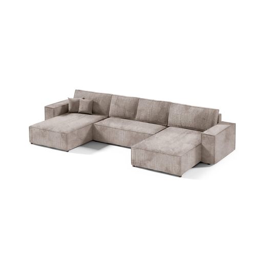 Große Ecksofa mit Schlaffunktion POSE U, Cord gepolstert, POSO 02, Cremig