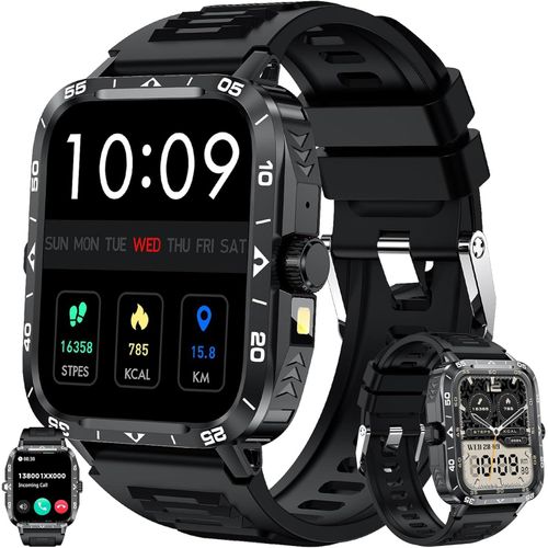 Smartwatch Herren mit Telefonfunktion, Taschenlampe, 5ATM Wasserdichte Sportuhr Bluetooth Anrufe Fitness Schlafmonitor,