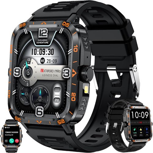 Smartwatch Herren mit Telefonfunktion, Taschenlampe, 5ATM Wasserdichte Sportuhr Bluetooth Anrufe Fitness Schlafmonitor,