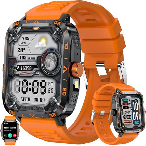 Smartwatch Herren mit Telefonfunktion, Taschenlampe, 5ATM Wasserdichte Sportuhr Bluetooth Anrufe Fitness Schlafmonitor,