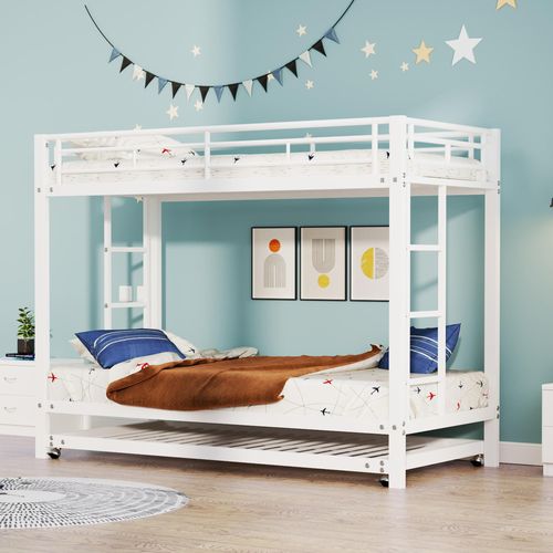 Etagenbett 90×200 cm, Kinderbett, mit ausziehbarem Bett, hohe Geländer, EN 747 , robuste Konstruktion, Weiß
