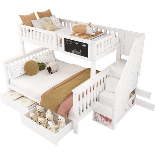 Kinder-Etagenbett,Doppelbett(weiß)multifunktionales Kinderbett(90*200+140*200cm)mit Tafel und Schubladen, ohne Matratze, weiß+helle Eiche