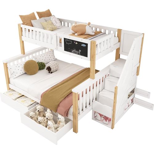 Kinder-Etagenbett,Doppelbett(natur)multifunktionales Kinderbett(90*200+140*200cm)mit Tafel und Schubladen, ohne Matratze, weiß+helle Eiche