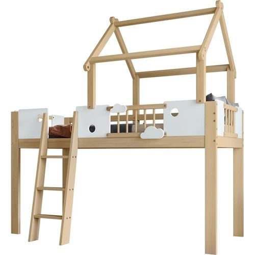 Hochbett, Kinderbett mit Fallschutz und Gitter, Einzigartiges Dachdesign, Mit Dreistufige Schrägleiter, Rahmen aus Kiefer, Kiefer+MDF+Sperrholz
