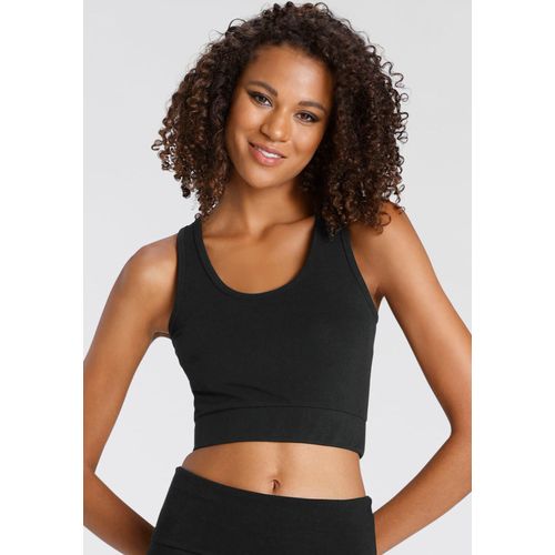 Sporttop LASCANA ACTIVE, Damen, Gr. XS (32/34), schwarz, Single Jersey, Obermaterial: 95% Baumwolle, 5% Elasthan, unifarben, Basic, figurbetont bauchfrei, Rundhals, ohne Ärmel, Tops Sport Bustiers Croptop, Crop-Top mit breiten Trägern