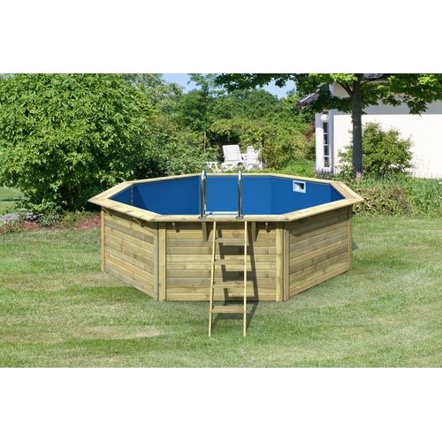 CHILLROI | Achteckiger Massivholzpool, 427,5 x 427,5 x 124 cm, Modell 1 X Folie blau | Inkl. Zubehör und Pool Leitern