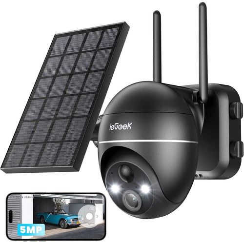 ieGeek 5MP Überwachungskamera Aussen Akku WLAN, 360° Schwenkbare Kabellose Überwachungskamera mit Solarpanel, PIR Bewegungsmelder, Arbeit mit Alexa