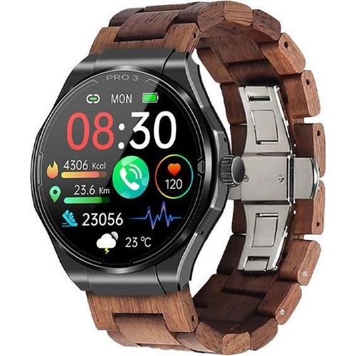 PRO 3 (2024) Smartwatch: Edles Echtholz-Armband & Schwarzes Edelstahl-Gehäuse