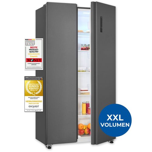 Exquisit Side-by-Side Kühlschrank mit Gefrierteil, 442 Liter, 10 Ablagen, No-Frost, LED-Anzeige, 91 cm Breite, SBS546-040D anthrazit