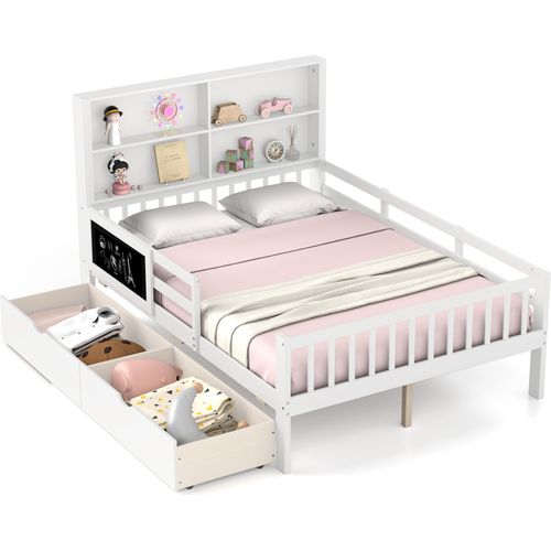 Kinderbett 140x200 cm mit Bücherregal & Tafel, Doppelbett mit Stauraum, Jugendbett mit 2 Schubladen, mit Rausfallschutz & Lattenrost, Weiß