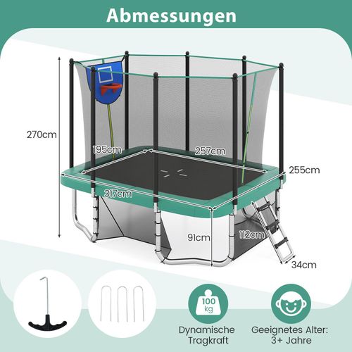 COSTWAY Trampolin rechteckig, 3 in 1 Kindertrampolin mit Leiter, Basketballkorb, Fußballtor, Sicherheitsnetz & Metallrahmen, Gartentrampolin, Grün