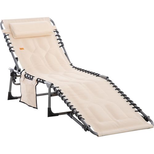 klappbar Gartenliege mit Kopfkissen, Seitentasche, Liegestuhl mit 5-Fach verstellbare Rückenlehne, wetterfeste Campingliege, für Garten Strand Pool, 188 cm, beige, 57 cm, 30 cm, Polyester