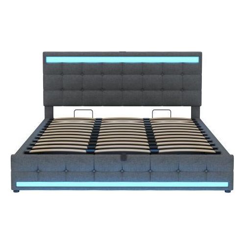 Polsterbett 180x200 cm Ohne Matratze Grau Hydraulischem Stauraum USB Farbwechselndem LED-Lichtstreifen Leinen-Einzelbett Kinderbett Jugendbett