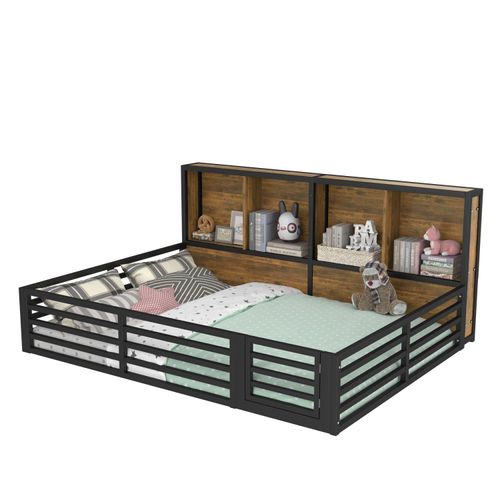 Zaunbett, 140 x 200cm, Daybett, Plattform,Bettseite mit Staufach, Bett mit Lattenrost ( Ohne Matratze), Brüstung,Metall, Schwarz